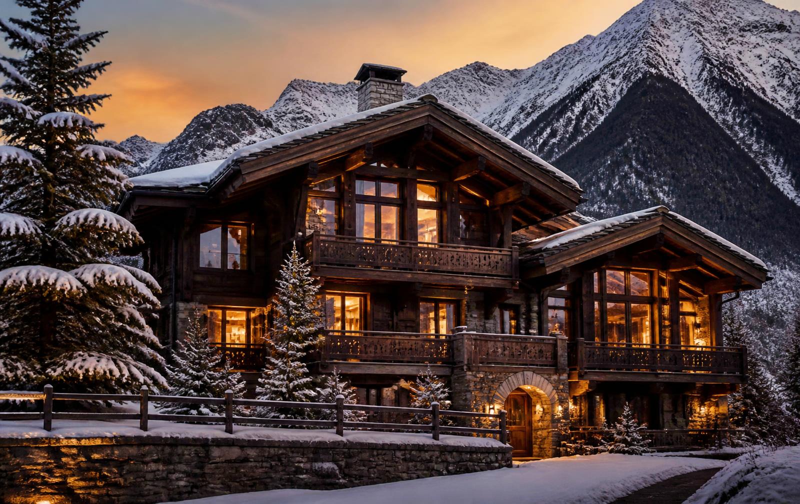 Fictief luxe alpenchalet in het gouden uur, als voorbeeld van websiteontwerp